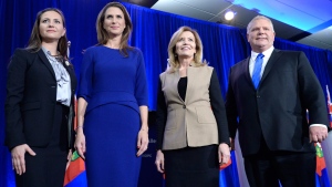 Ontario PC leadership candidates Tanya Granic Allen, Caroline Mulroney, Christine Elliott and Doug Ford pose for a photo after participating in a debate in Ottawa on Wednesday, Feb. 28, 2018. THE CANADIAN PRESS/Justin Tang