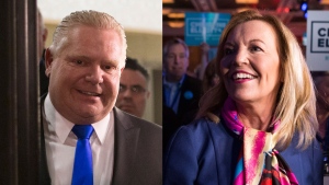 Doug Ford and Christine Elliott are pictured at the Ontario Progressive Conservatives Leadership convention in Markham, Ont., on Saturday, March 10, 2018 in this composite image. THE CANADIAN PRESS/Chris Young
