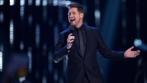 Host Michael Buble is shown on stage at the Juno Awards in Vancouver, Sunday, March, 25, 2018. THE CANADIAN PRESS/Darryl Dyck