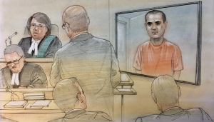 Alek Minassian is shown appearing in court via video link in this courthouse sketch.
