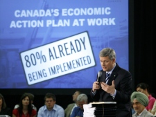 Prime Minister Stephen Harper speaks about the Canadian government's progress in implementing Economic Action Plan Initiatives, at a town-hall meeting, June 11, 2009 in Cambridge, Ontario. (Dave Chidley / THE CANADIAN PRESS)