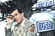In this handout taken Sunday, June 7, 2009, released by the U.S. military, comedian Stephen Colbert, from the Comedy Central television program, taping the first of four shows in front of U.S. soldiers at Camp Victory in Baghdad, Iraq. (AP  / Steve Manuel, HO) 