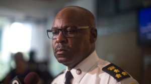 Toronto Police Chief Mark Saunders scrums with the media after attending a Toronto Police Services Board meeting in Toronto on Thursday, July 19, 2018. (THE CANADIAN PRESS/Chris Young)