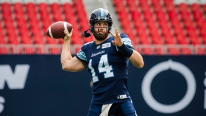 Toronto Argonauts quarterback McLeod Bethel-Thompson (14) throws before CFL action against the BC Lions, in Toronto on Sunday, August 18, 2018. THE CANADIAN PRESS/Christopher Katsarov