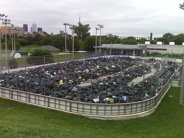 Garbage piles up at the Christie Pits park dump site. (CP24/Mathew Reid)