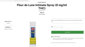 Fleur de Lune Intimate Spray is shown in this photo posted on the Ontario Cannabis Store website.The only problem is that the Ontario Cannabis Store had initially mislabelled how to apply the product, saying it was for "sublingual" use, which means under the tongue -- in other words, orally. THE CANADIAN PRESS/HO - OCS.ca