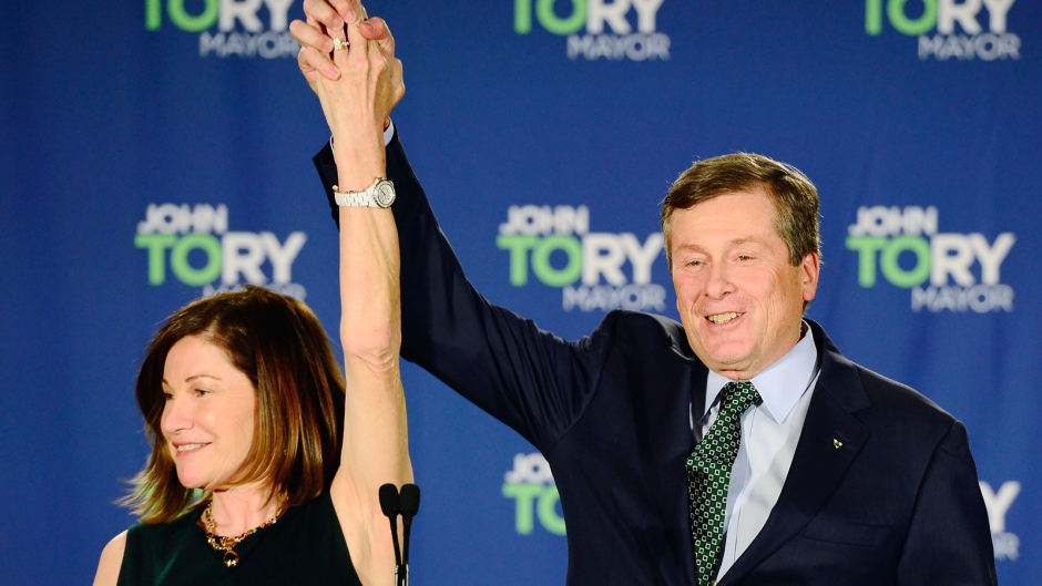 Toronto Mayor John Tory and wife Barbara Hackett acknowledge supporters after he was re-elected in the Ontario municipal election in Toronto, on Monday, October 22, 2018. THE CANADIAN PRESS/Frank Gunn