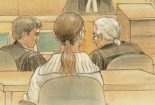 A courtroom view of M.T., sketched in early March 2009 during her trial for the murder of Stefanie Rengel.