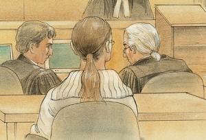 A courtroom view of M.T., sketched in early March 2009 during her trial for the murder of Stefanie Rengel.