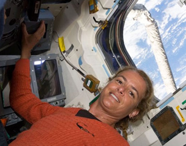 Canadian Space Agency astronaut Julie Payette, STS-127 mission specialist, is pictured on the aft flight deck of Space Shuttle Endeavour, Friday, July 17, 2009. (AP / NASA TV)