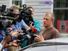 Victoria Stafford's father Rodney Stafford speaks to the media after police confirmed the remains discovered Sunday near Mount Forest were those of Victoria (Tori) Stafford, on Tuesday, July 21, 2009. (Dave Chidley / THE CANADIAN PRESS)
