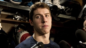 Toronto Maple Leafs right wing Mitch Marner speaks to reporters after a locker clean out at the Scotiabank Arena in Toronto, on Thursday, April 25, 2019. THE CANADIAN PRESS/Christopher Katsarov