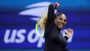 Serena Williams returns to Maria Sharapova during the first round of the U.S. Open tennis tournament in New York, Monday, Aug. 26, 2019. (AP Photo/Charles Krupa)
