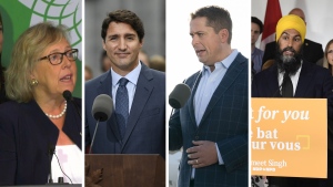 A composite photo of Green Party leader Elizabeth May, Liberal Party leader Justin Trudeau, Conservative party leader Andrew Scheer, NDP leader Jagmeet Singh.