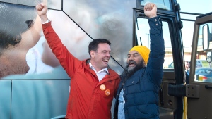 NDP Leader Jagmeet Singh, right, is joined by Alistair MacGregor, candidate for Cowichan-Malahat-Langford, as he makes a campaign stop in Duncan, B.C., Friday, Sept. 27, 2019. THE CANADIAN PRESS/Andrew Vaughan