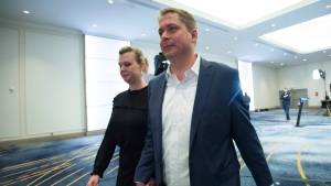 Conservative leader Andrew Scheer and his wife Jill are seen after addressing the media during a morning announcement during a campaign stop in Toronto Friday, October 4, 2019. THE CANADIAN PRESS/Jonathan Hayward