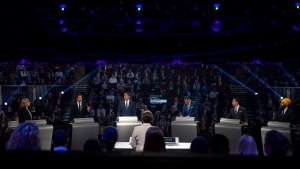 Liberal leader Justin Trudeau, second left, speaks as Green Party leader Elizabeth May, left to right, Conservative leader Andrew Scheer, People's Party of Canada leader Maxime Bernier, Bloc Quebecois leader Yves-Francois Blanchet and NDP leader Jagmeet Singh look on during the Federal leaders debate in Gatineau, Que. Monday, October 7, 2019. THE CANADIAN PRESS/Justin Tang