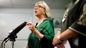 Green Party Leader Elizabeth May announces the Green government will expand the single-payer medicare model to include pharmacare for everyone during a press conference at the campaign office of candidate Racelle Kooy while in Victoria, Wednesday, Oct. 16, 2019. THE CANADIAN PRESS/Chad Hipolito