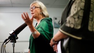 Green Party Leader Elizabeth May speaks during a press conference at the campaign office of candidate Racelle Kooy while in Victoria, Wednesday, Oct. 16, 2019. THE CANADIAN PRESS/Chad Hipolito