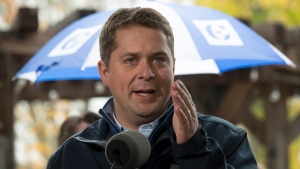 Conservative leader Andrew Scheer responds to a question as he makes a campaign stop in Fredericton, Friday, October 18, 2019. THE CANADIAN PRESS/Adrian Wyld