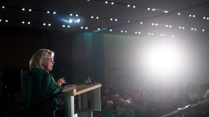 Green Party Leader Elizabeth May addresses candidates and supporters during a rally in Vancouver, Saturday, Oct. 19, 2019. THE CANADIAN PRESS/Darryl Dyck