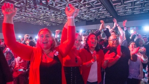 Liberal supporters react to a prediction of a Liberal government at the Liberal election night headquarters, Monday, October 21, 2019 in Montreal.THE CANADIAN PRESS/Ryan Remiorz