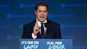 Conservative leader Andrew Scheer appears on stage at Conservative election headquarters in Regina on Monday, Oct.21, 2019. THE CANADIAN PRESS/Adrian Wyld