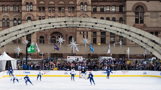 The Toronto Maple Leafs play a three-on-three game during an outdoor practice at Nathan Phillips Square in Toronto on Thursday, January 9, 2020. THE CANADIAN PRESS/Nathan Denette