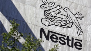 Nestle's corporate logo is shown at the company's headquarters in Vevey, Switzerland in this undated file photo. (Fabrice Coffrini / AFP)