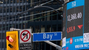 A sign board in Toronto displays the TSX close on Monday March 16, 2020. THE CANADIAN PRESS/Frank Gunn