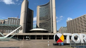 Amid the COVID19- pandemic, Nathan Phillips Square sits empty on what would normally be a bustling spring day Sunday March 29, 2020. (Joshua Freeman /CP24)
