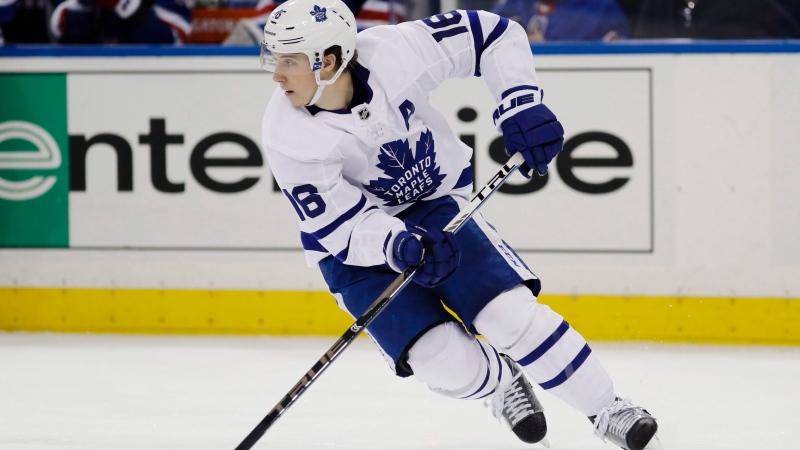 Toronto Maple Leafs' Mitchell Marner (16) looks to pass during the second period of an NHL hockey game against the New York Rangers Wednesday, Feb. 5, 2020, in New York. THE CANADIAN PRESS/AP, Frank Franklin II