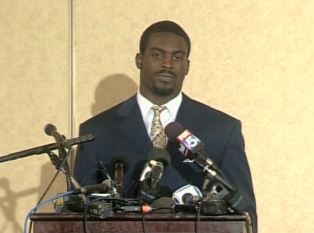 Atlanta Falcons quarterback Michael Vick speaks to reporters during a press conference in Richmond, Va. on Monday, Aug. 27, 2007.