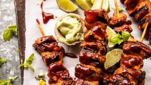 Spicy Beer BBQ Chicken Skewers with Avocado Corn and Feta Salsa (halfbakedharvest.com)