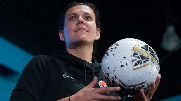 Canadian soccer player Christine Sinclair smiles during a media availability in Vancouver on February 11, 2020. THE CANADIAN PRESS/Jonathan Hayward 