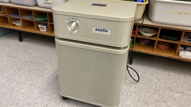 A HEPA filter can be seen in a Toronto school on Aug. 10, 2021. (Natalie Johnson/CTV News Toronto)