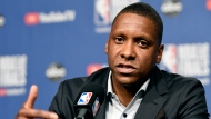 Toronto Raptors general manager Masai Ujiri speaks to media during an availability in the lead up to tomorrow's NBA Final game 1 against the Golden State Warriors, in Toronto on Wednesday, May 29, 2019. THE CANADIAN PRESS/Frank Gunn 