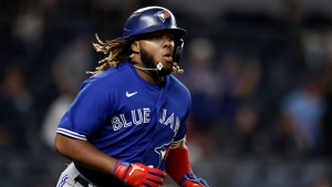 Toronto Blue Jays' Vladimir Guerrero Jr. runs up the first base line after hitting a home run against the New York Yankees during the ninth inning of a baseball game on Wednesday, Sept. 8, 2021, in New York. The Blue Jays won 6-3. (AP Photo/Adam Hunger)