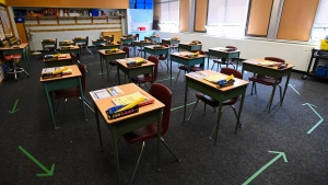 A grade six class room is shown at Hunter's Glen Junior Public School which is part of the Toronto District School Board (TDSB) during the COVID-19 pandemic in Toronto, Monday, Sept. 14, 2020.  THE CANADIAN PRESS/Nathan Denette 