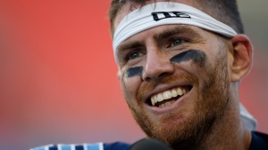 Toronto Argonauts quarterback Nick Arbuckle (9) smiles during an interview following their CFL game against the Winnipeg Blue Bombers at BMO Field in Toronto, Saturday, Aug. 21, 2021. THE CANADIAN PRESS/Cole Burston 