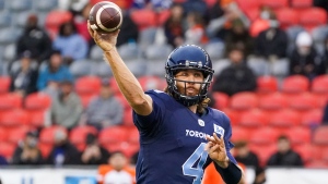 Toronto Argonauts quarterback McLeod Bethel-Thompson (4) throws a pass against the BC Lions during first half CFL action in Toronto on Saturday, Oct. 30, 2021. THE CANADIAN PRESS/Evan Buhler