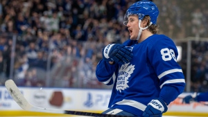 Toronto Maple Leafs centre William Nylander (88) celebrates his game winning overtime goal against the Tampa Bay Lightning in NHL action in Toronto on Thursday, November 4, 2021. THE CANADIAN PRESS/Frank Gunn