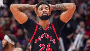 Toronto Raptors centre Khem Birch (24) reacts after his team’s loss to the Cleveland Cavaliers in NBA action in Toronto on Friday, November 5, 2021. THE CANADIAN PRESS/Evan Buhler