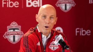 Toronto FC new head coach Bob Bradley speaks to the media during the seasons year end press conference Toronto, Wednesday, Nov. 24, 2021. THE CANADIAN PRESS/Nathan Denette 