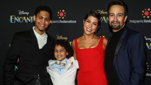 Actors Rhenzy Feliz, from left, Ravi Cabot-Conyers, Jessica Darrow and Lin-Manuel Miranda attend the premiere of Disney's "Encanto" at AMC Lincoln Square on Wednesday, Nov. 17, 2021, in New York. (Photo by Andy Kropa/Invision/AP) 