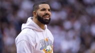 Rapper Drake watches the Toronto Raptors play the Philadelphia 76ers during NBA playoff action in Toronto, Tuesday, May 7, 2019. THE CANADIAN PRESS/Frank Gunn 