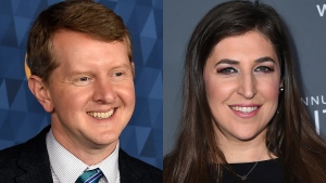 Ken Jennings appears at the 2020 ABC Television Critics Association Winter Press Tour in Pasadena, Calif., on Jan. 8, 2020, left, and actress Mayim Bialik appears at the 23rd annual Critics' Choice Awards in Santa Monica, Calif., on Jan. 11, 2018. Bialik and Jennings will continue as tag-team hosts of 'Jeopardy!' through the rest of this season. (AP Photo) 