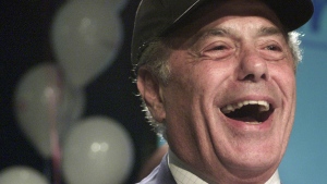 Toronto Mayor re-elect Mel Lastman laughs as he celebrates his victory in the Toronto municipal election Monday November 13, 2000. (CP PHOTO/Kevin Frayer) 