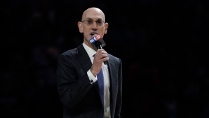 NBA Commissioner Adam Silver speaks during a ring ceremony before an NBA basketball game between the Milwaukee Bucks and the Brooklyn Nets, Tuesday, Oct. 19, 2021, in Milwaukee. (AP Photo/Morry Gash) 