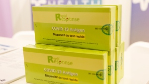 Free COVID-19 rapid antigen test kits are ready for distribution at a pop-up site in Toronto's Yorkdale Shopping Mall on Thursday, December 16, 2021. THE CANADIAN PRESS/Chris Young 